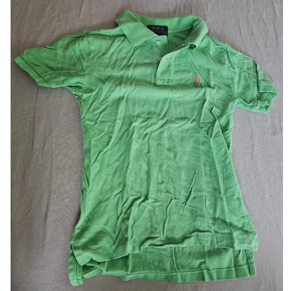 Polo Ralph Lauren Boys Green Short Sleeve Pique Polo Shirt Orange Pony Size S 8